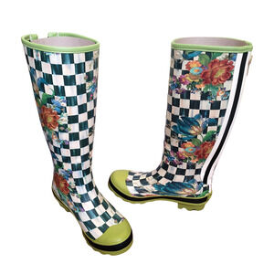 MacKenzie-Childs Courtly Check Flower Market Waterproof Rain Boot Sz 7 run lrg 8